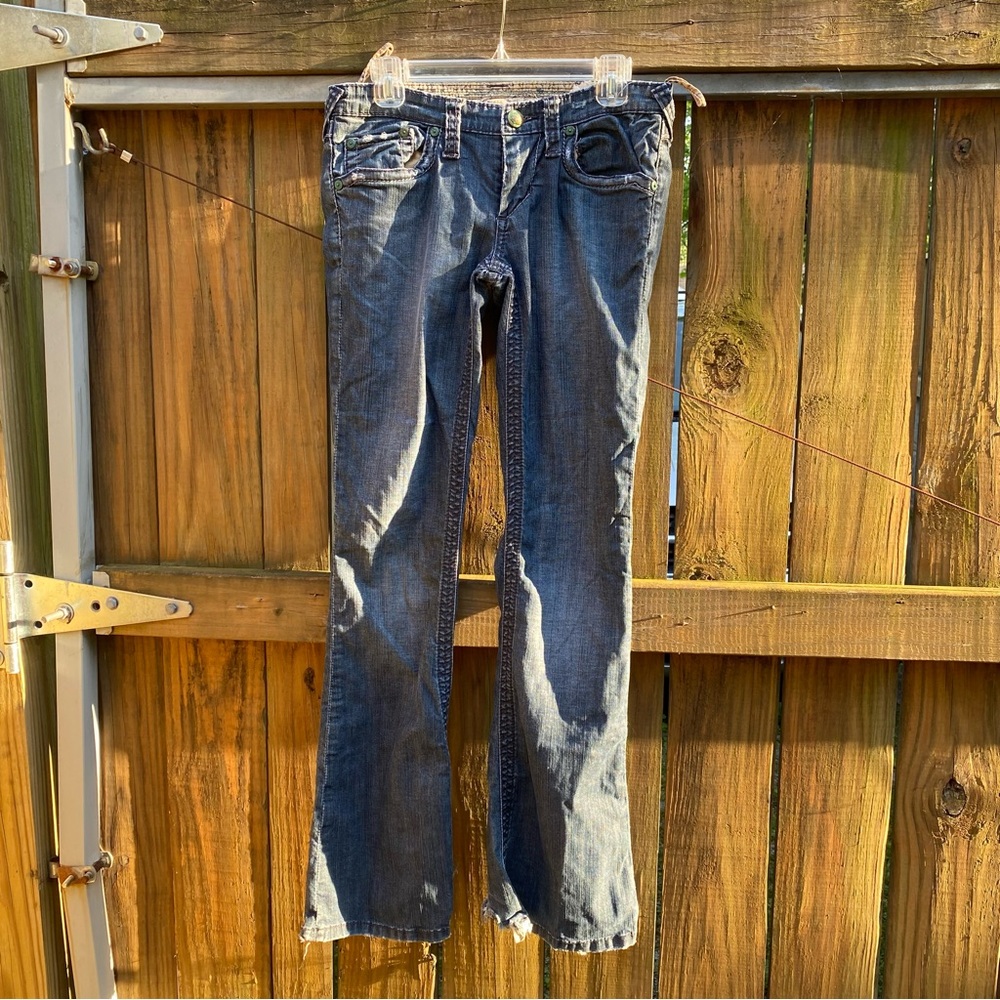 Mens Stich’s Chekore denim dark wash blue jeans flare 29 as is